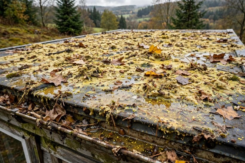 Roof Pitch for Water Collection: leaves and pollen paste settled on a shallow slope