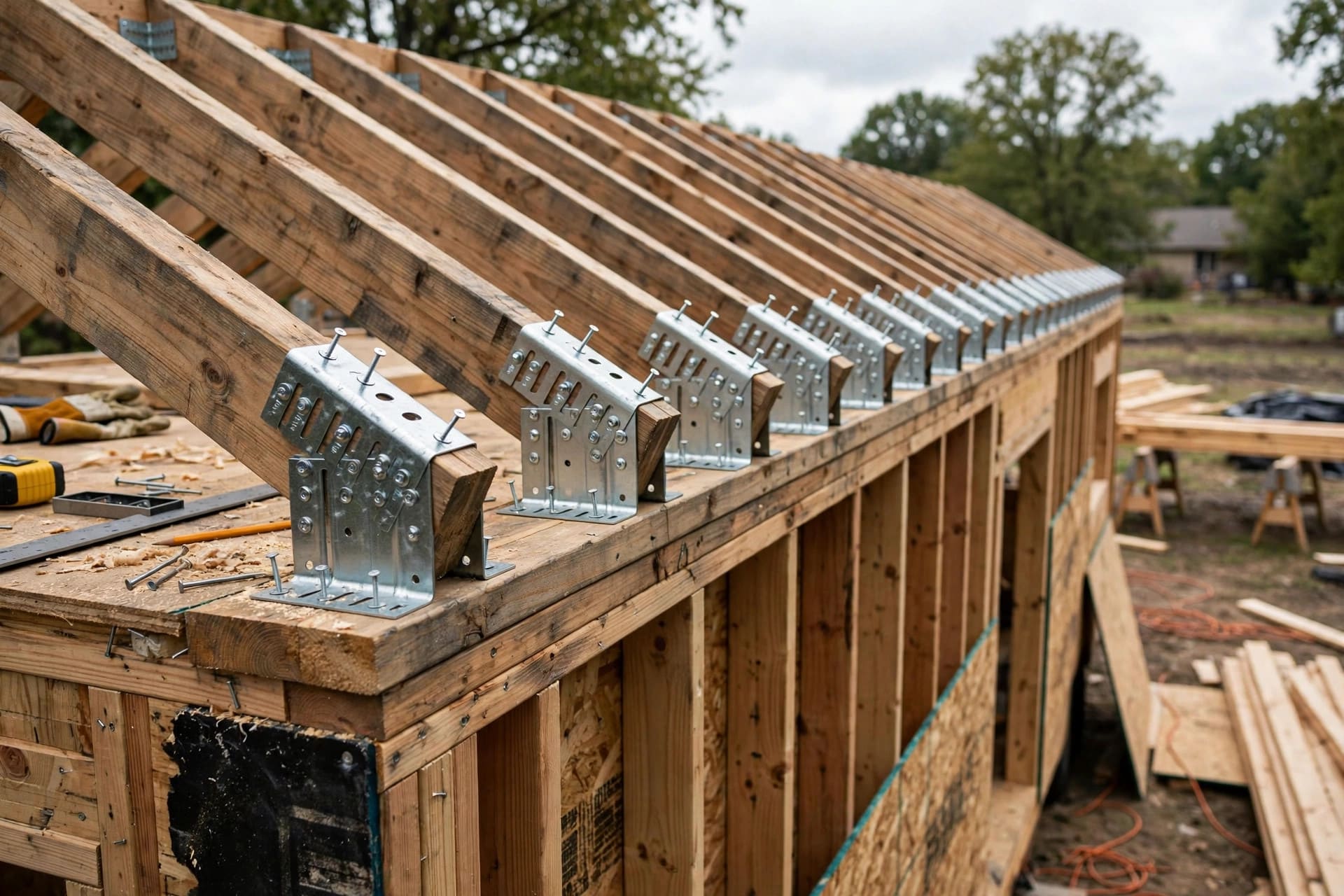 roof uplift hurricane tie calculator: a row of rafters tied along the wall top plate
