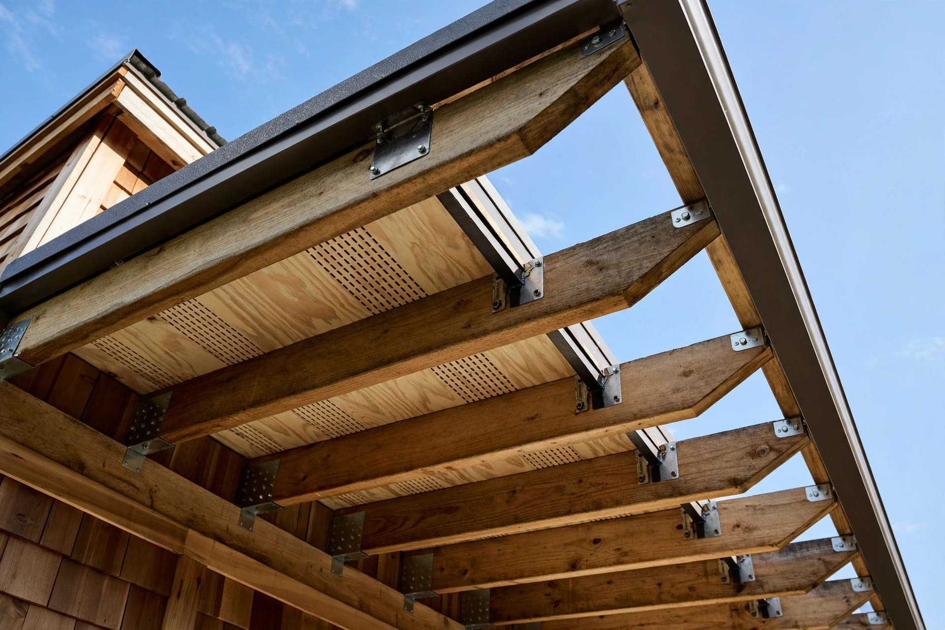 roof uplift hurricane tie calculator: eave overhang and rafter tails seen from below