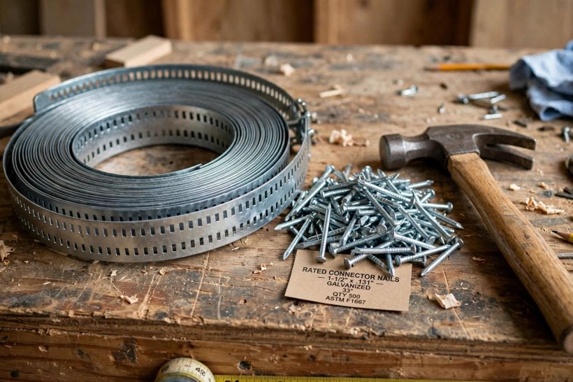 roof uplift hurricane tie calculator: coiled connector strap and rated nails on a workbench