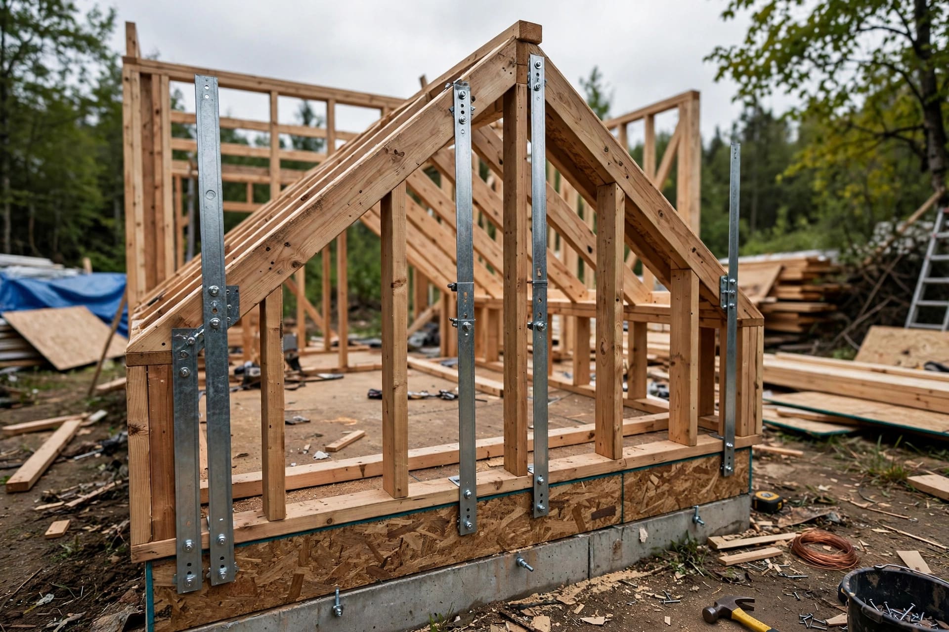 roof uplift hurricane tie calculator: gable-end framing with uplift straps running down the studs