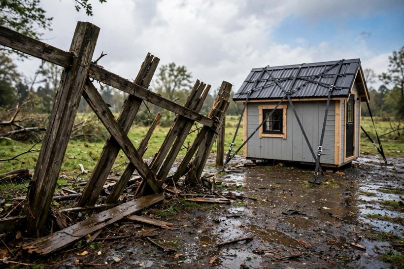 roof uplift hurricane tie calculator: a storm-broken fence beside an intact tied-down tiny house roof
