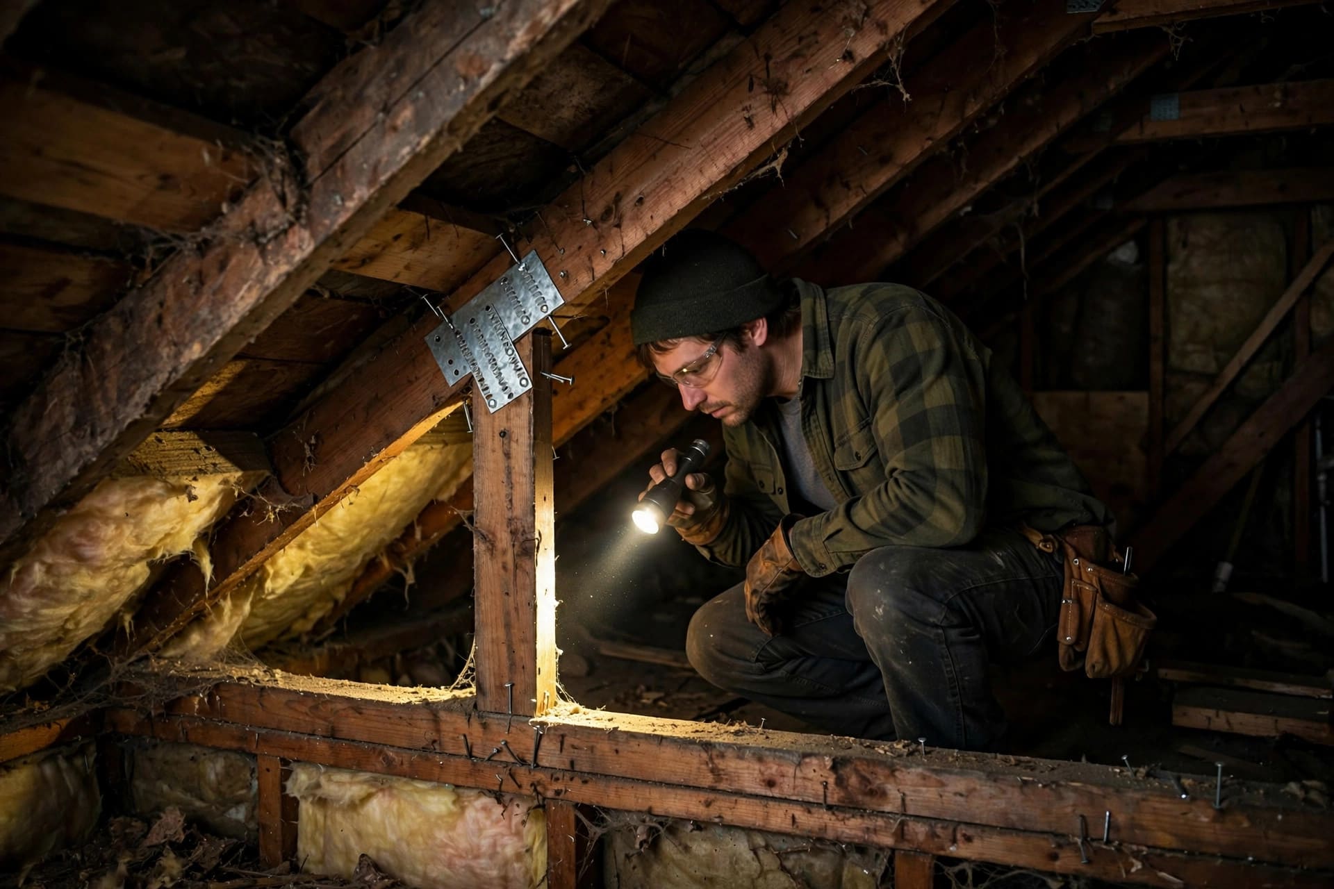 roof uplift hurricane tie calculator: inspecting rafter connections with a flashlight in the attic