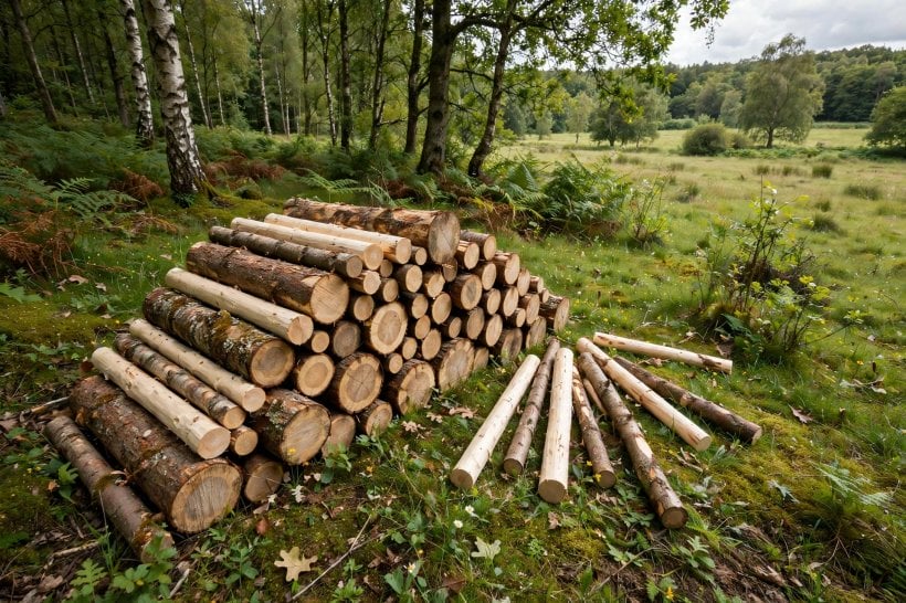 rustic log arbor: a stack of cut logs and poles sorted by diameter at the woodland edge