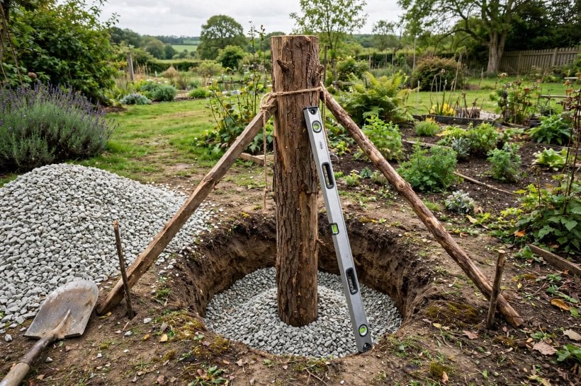 rustic log arbor: a log post braced plumb in a gravel-filled hole with a level against it
