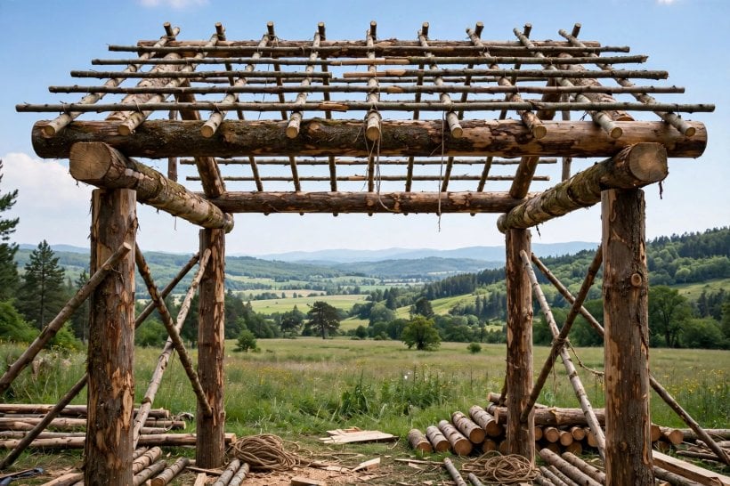 rustic log arbor: log beams and cross poles forming the arbor top against the sky