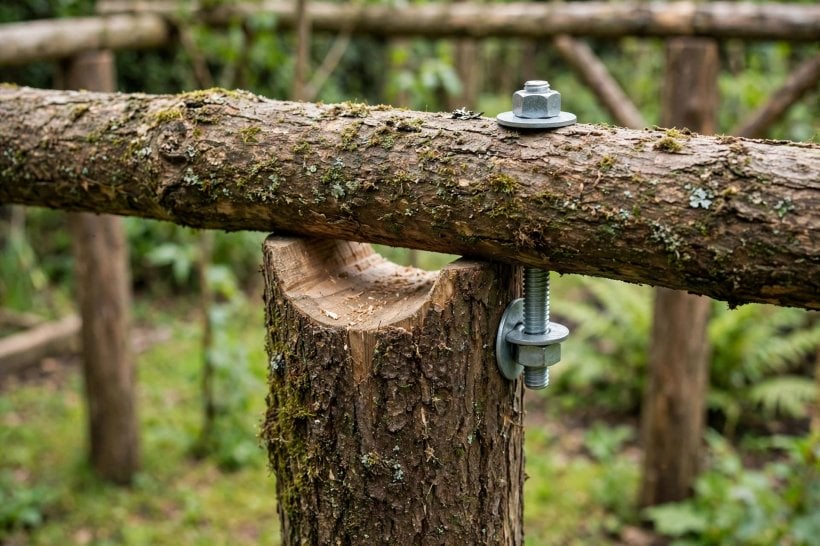 rustic log arbor: close-up of a saddle notch and bolted joint at a post top