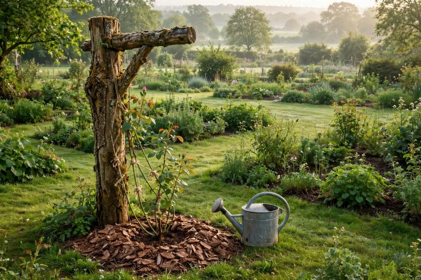 rustic log arbor: a young climbing rose planted and mulched at the base of a post