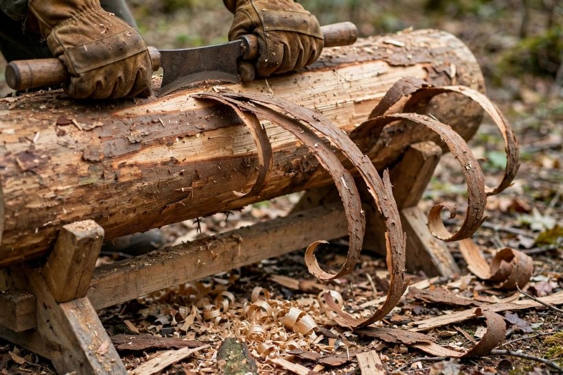 Rustic Log Cabin Bench: peeling bark from the log with a drawknife