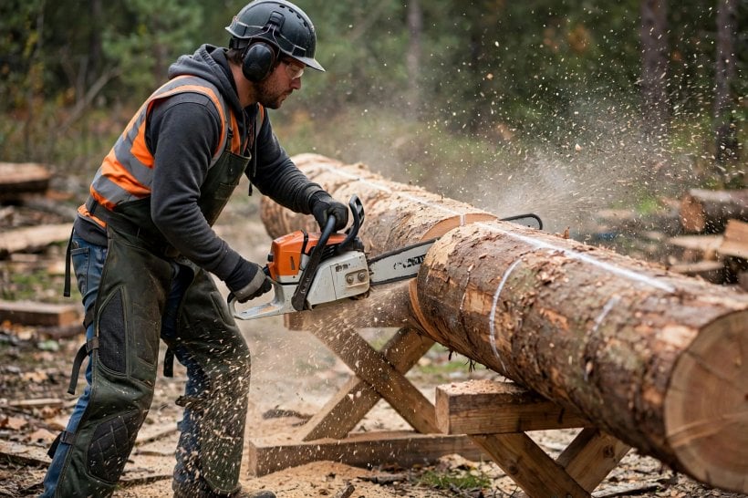 Rustic Log Cabin Bench: ripping the log in half along the chalk line