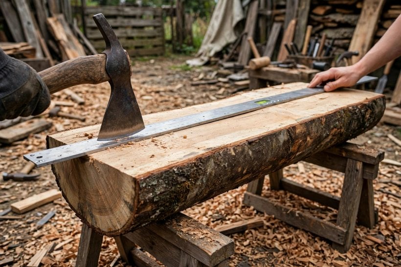 Rustic Log Cabin Bench: flattening the seat and checking it with a straightedge