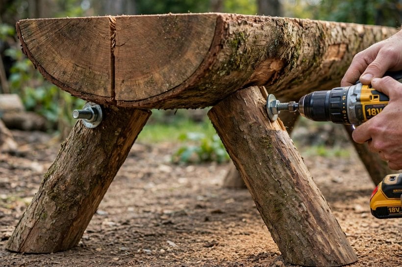 Rustic Log Cabin Bench: lag-bolting the splayed legs to the seat underside