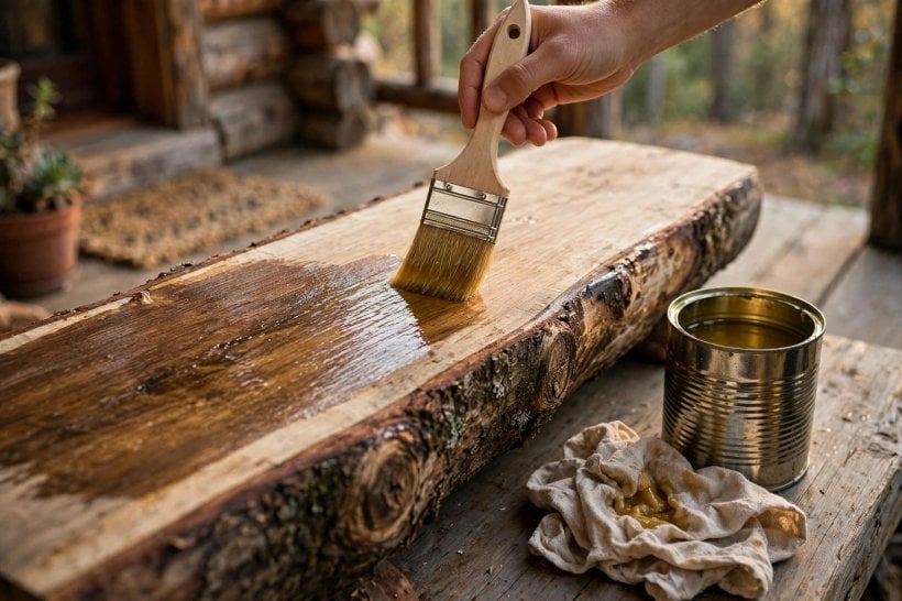 Rustic Log Cabin Bench: brushing boiled linseed oil onto the finished bench