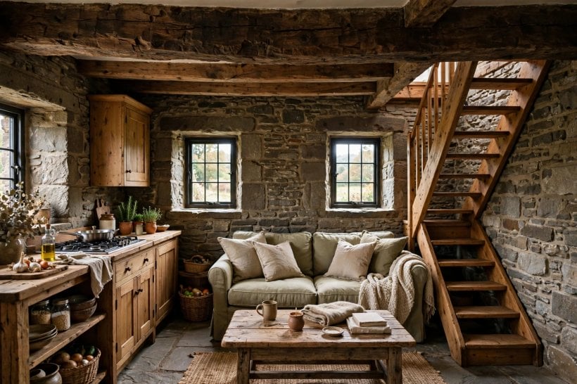 Rustic Tiny Stone Cottage Floor Plans: open kitchen-living room under a heavy oak beam