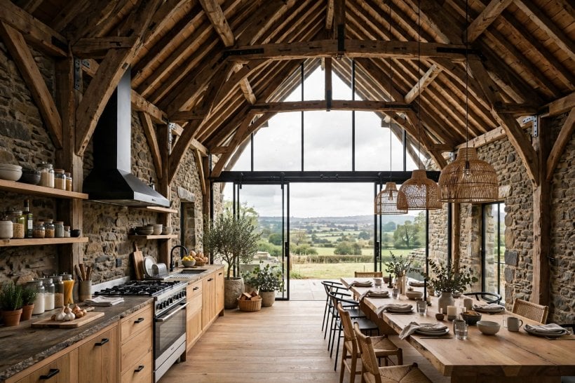 Rustic Tiny Stone Cottage Floor Plans: a stone barn conversion with vaulted trusses and a glass wall