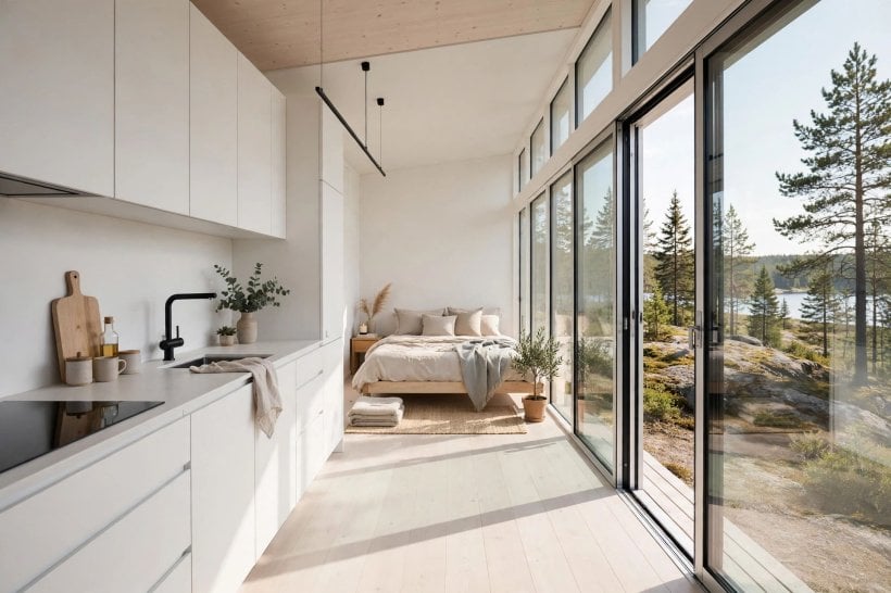 Scandinavian tiny house floor plans: light-room interior with full-height glazing