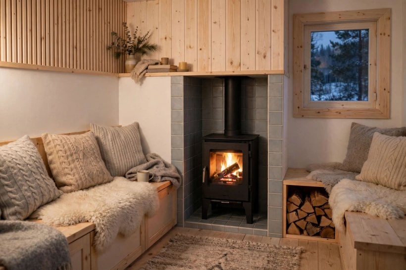 Scandinavian tiny house floor plans: hearth nook with a small wood stove and wraparound bench seating
