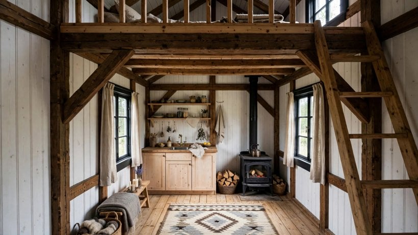 Scandinavian tiny house floor plans: timber-frame stuga interior with exposed posts and beams