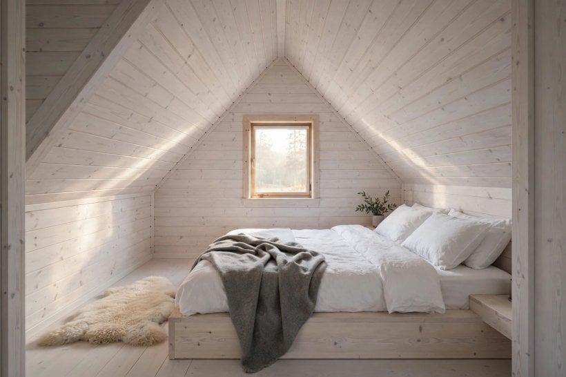 Scandinavian tiny house floor plans: pale wood sleeping loft with white bedding