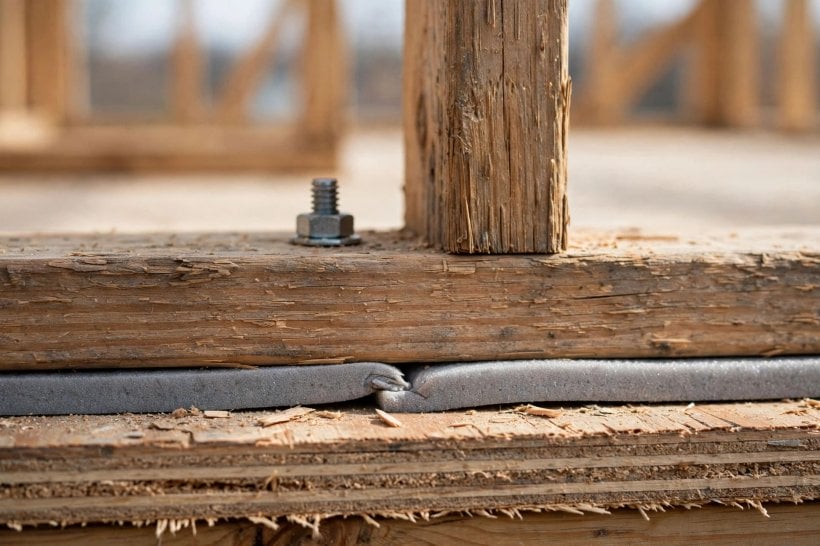 how to seal tiny house sill plates: the bottom plate and foam gasket at the subfloor edge