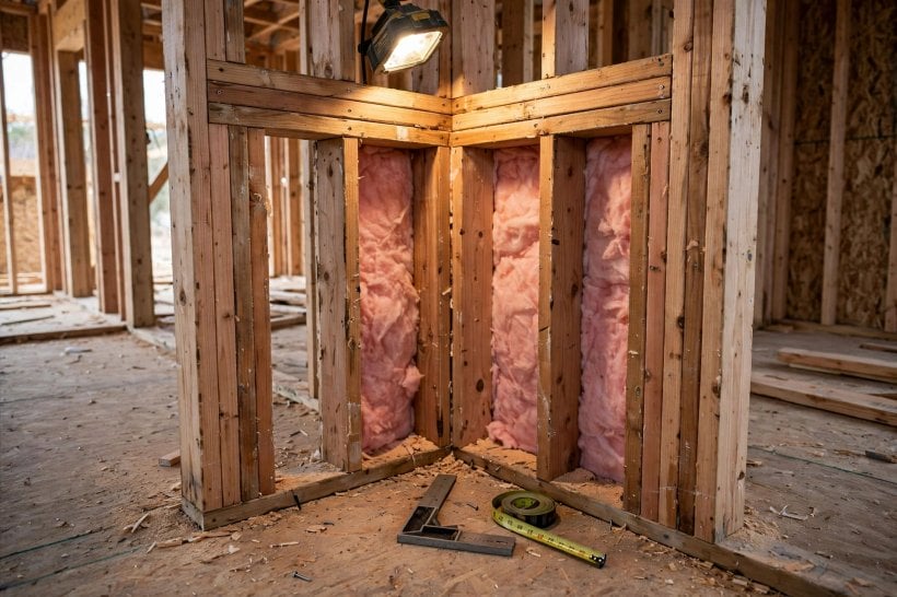 how to seal tiny house sill plates: a California corner framed to leave the cavity open for insulation