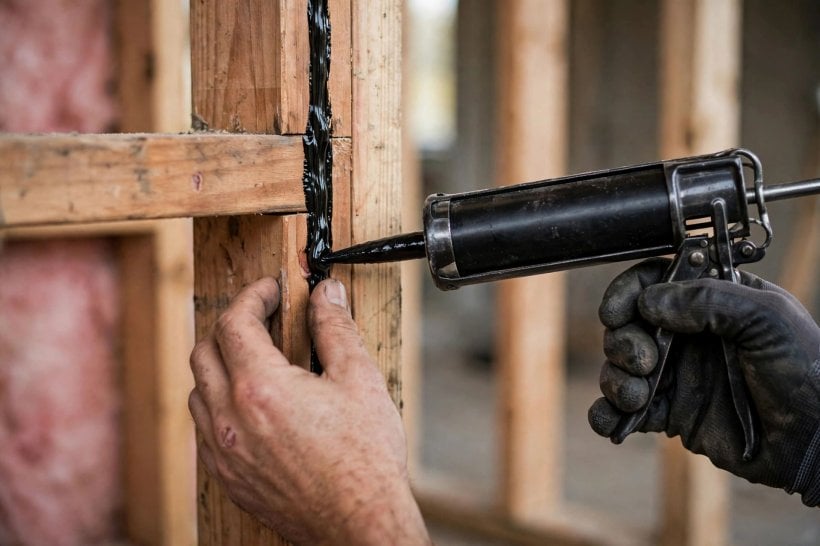 how to seal tiny house sill plates: sealing the stud-to-stud joints at an interior corner