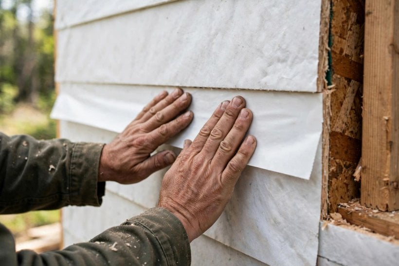how to seal tiny house sill plates: taping the seams of the weather-resistive barrier shingle-style