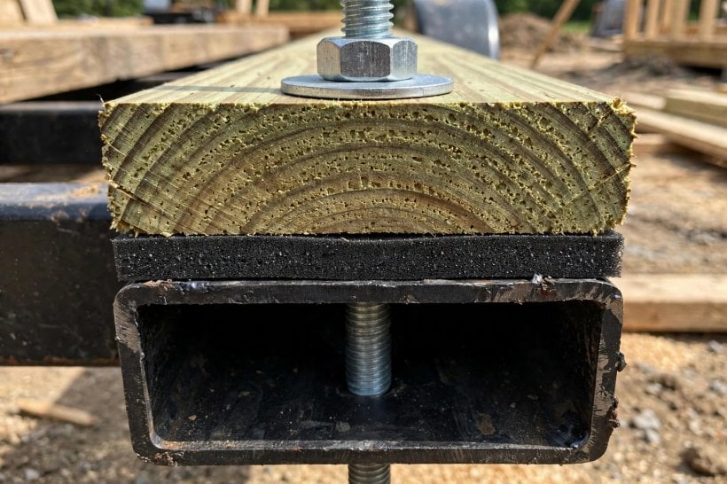 how to secure a tiny house to a trailer frame: the connection stack of frame rail, sill gasket, sill plate, washer and lock nut