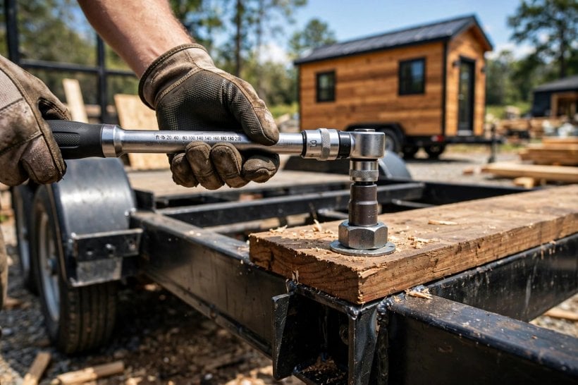 how to secure a tiny house to a trailer frame: a torque wrench tightening a sill plate bolt to spec