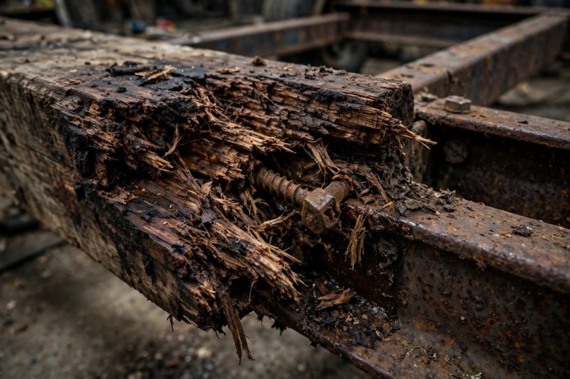 how to secure a tiny house to a trailer frame: a rotted sill plate and pulled-out lag screw, the failure the gasket and through-bolts prevent
