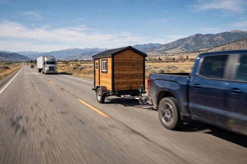 tempered glass: a tiny house on wheels under tow on the highway