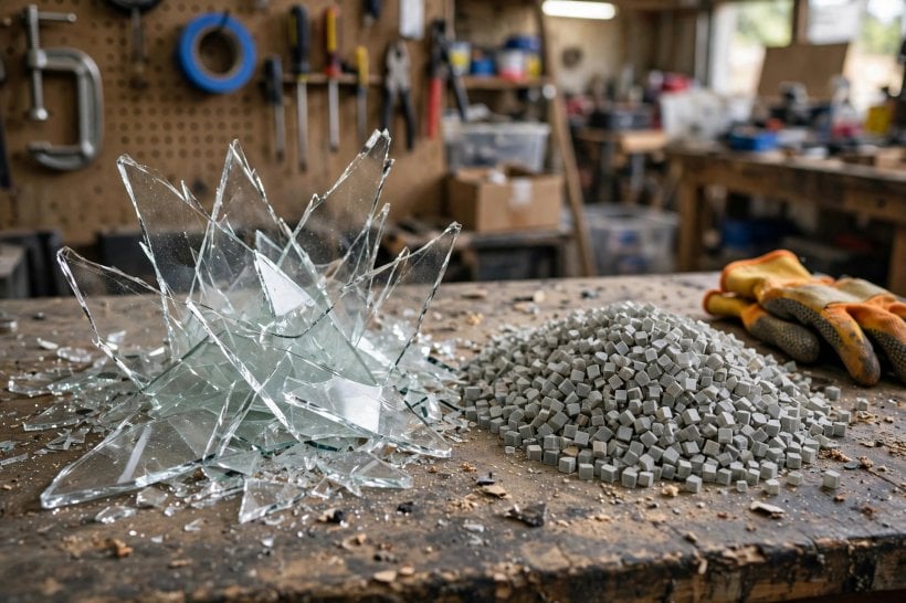 tempered glass: annealed shards beside tempered cubes on a workbench