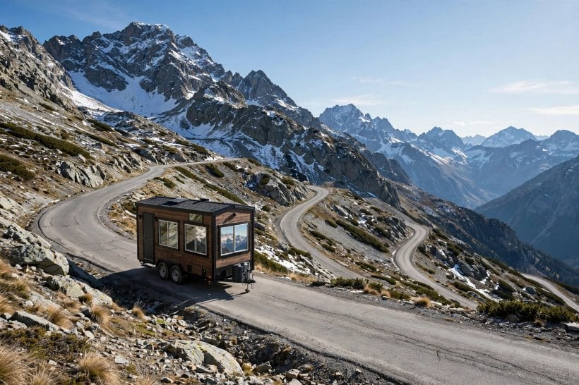 tempered glass: a tiny house crossing a high mountain pass