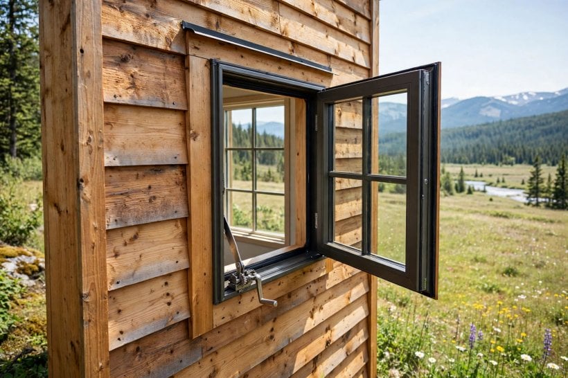tempered glass: a casement window cranked open on a tiny house
