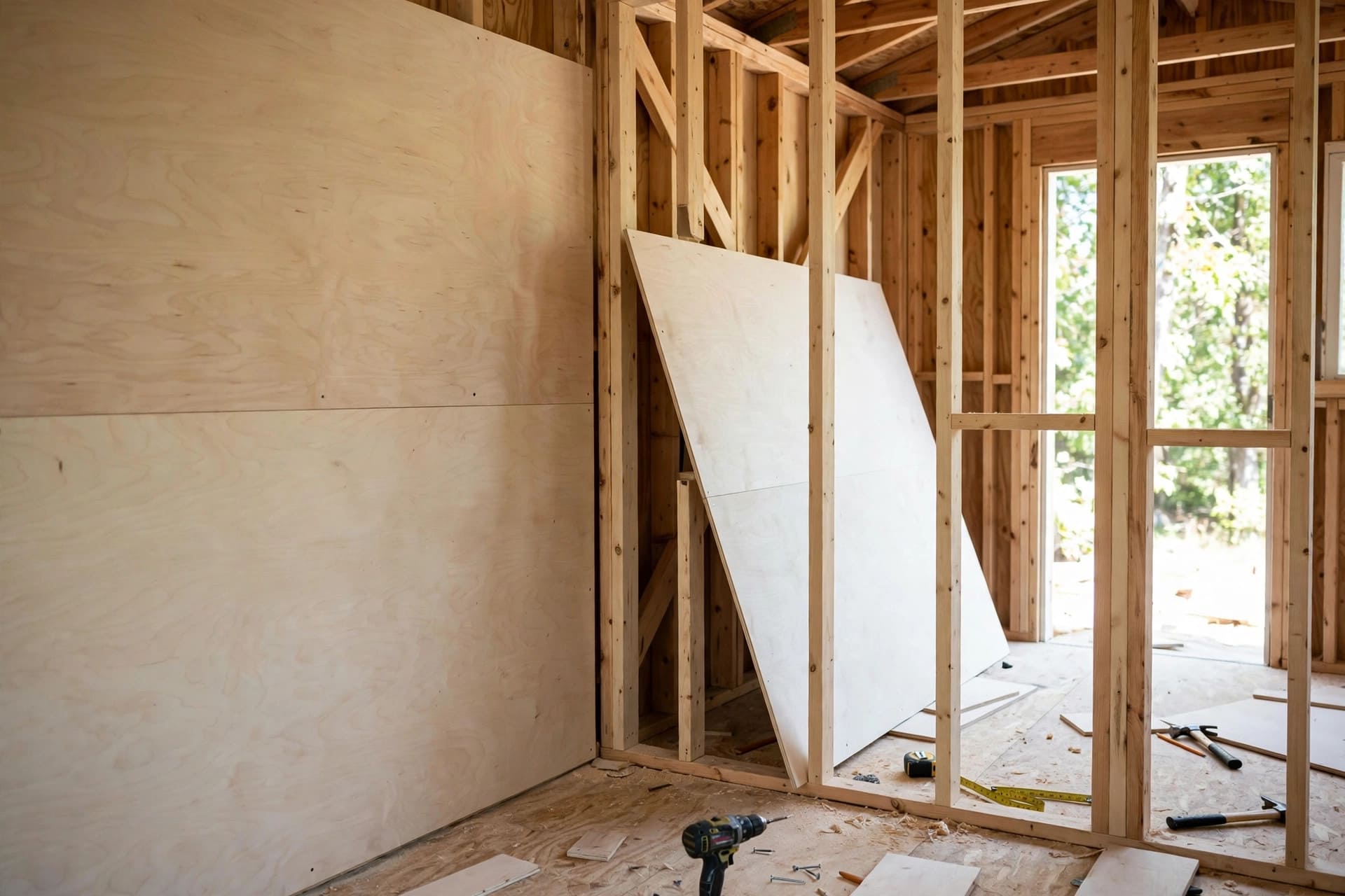 sheathing weight calculator: pale plywood wall panels being fitted inside a tiny house frame