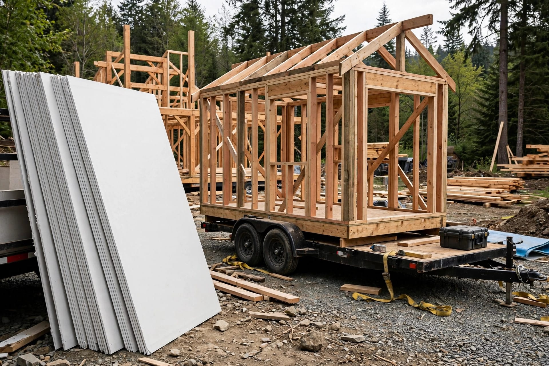 sheathing weight calculator: drywall sheets stacked beside a tiny house under construction