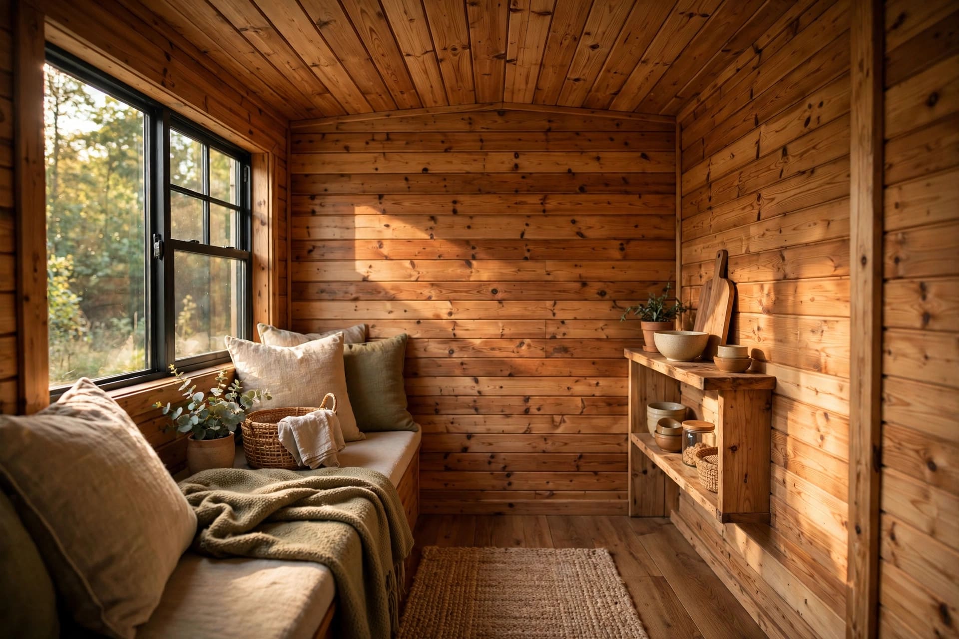 sheathing weight calculator: tongue-and-groove timber boards lining a tiny house wall