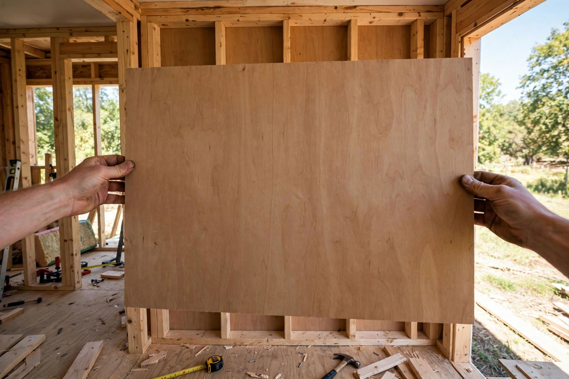 sheathing weight calculator: thin luan plywood skin being offered up to a framed wall