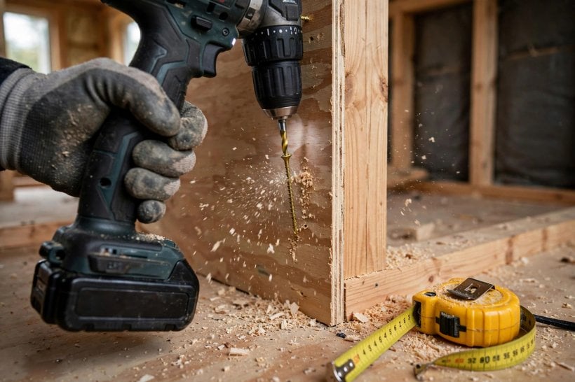sheathing weight calculator: screws being driven through plywood lining into wall studs