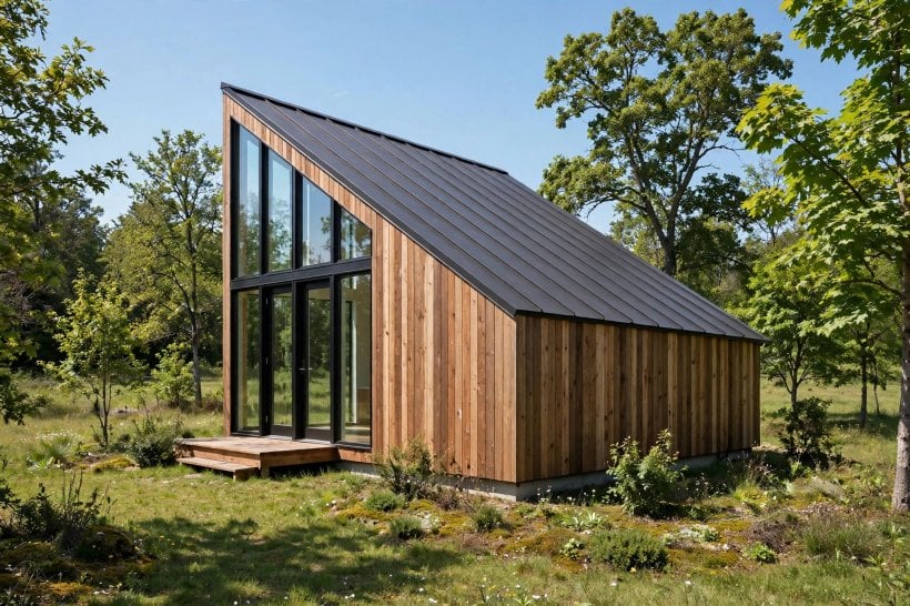 shed roof vs gable roof tiny house floor plans: modern shed roof tiny house exterior with a single sloping roof and a tall window wall