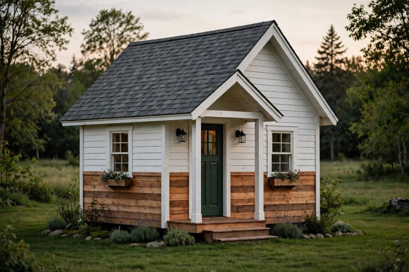 shed roof vs gable roof tiny house floor plans: classic gable roof tiny house exterior with a central ridge