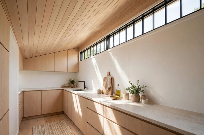 shed roof vs gable roof tiny house floor plans: kitchen lit by a clerestory window band under a shed roof