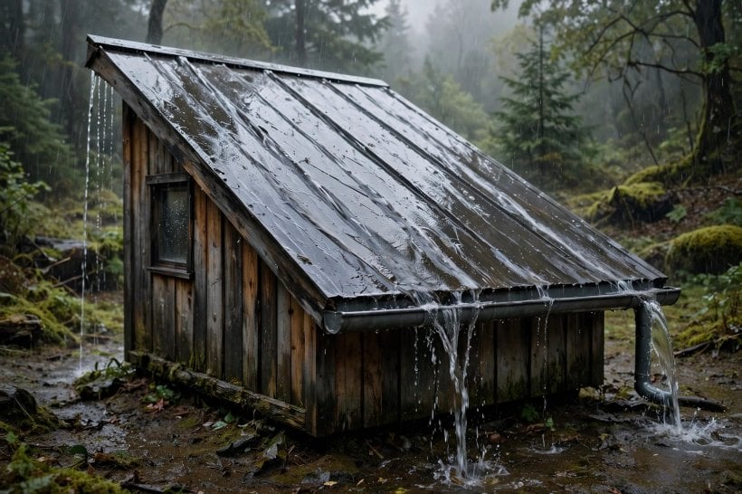 shed roof vs gable roof tiny house floor plans: rain running off a single-slope metal roof into a gutter