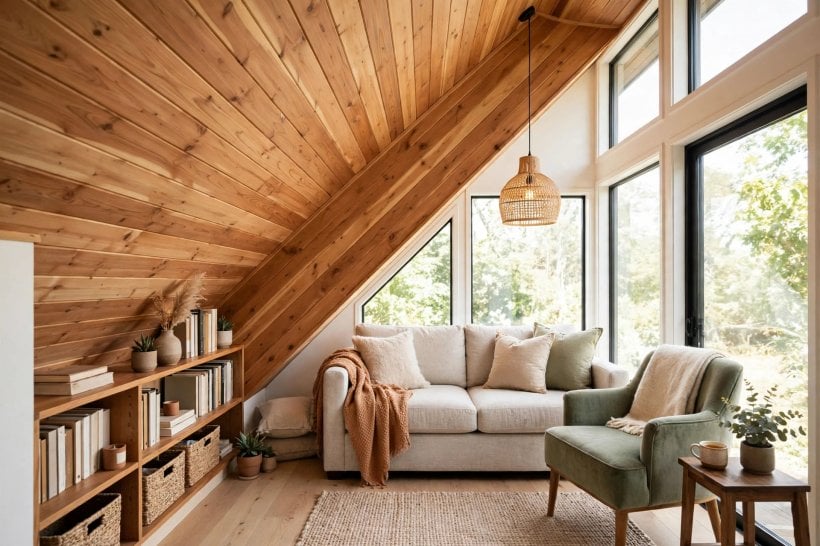 shed roof vs gable roof tiny house floor plans: living space arranged under a sloped shed roof ceiling