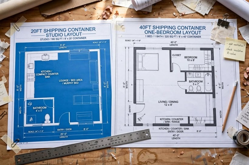 shipping container house floor plans: 20ft and 40ft layout drawings on a work table