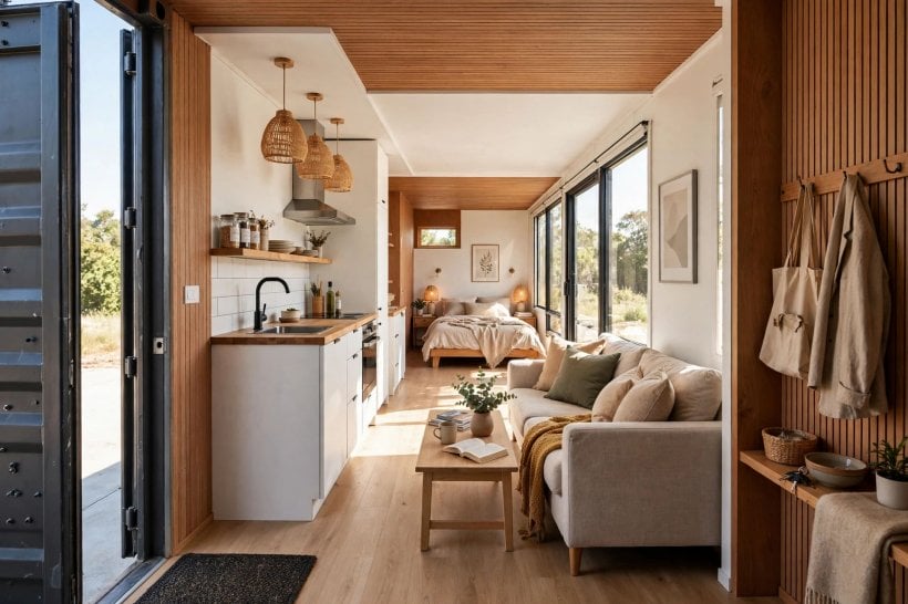 shipping container house floor plans: linear 40ft apartment interior