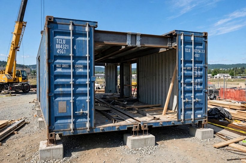 shipping container house floor plans: double wide pair with center steel beam