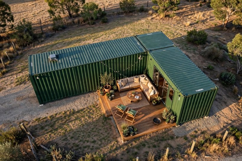 shipping container house floor plans: L-shaped pair with deck in the corner