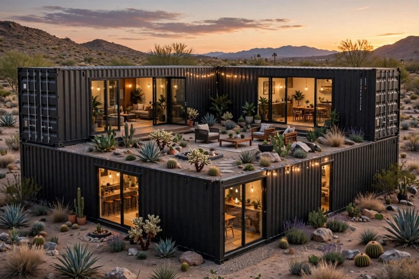 shipping container house floor plans: courtyard U of three 40ft containers