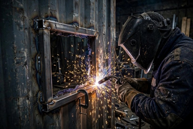 shipping container house floor plans: welding tube steel around a cut opening